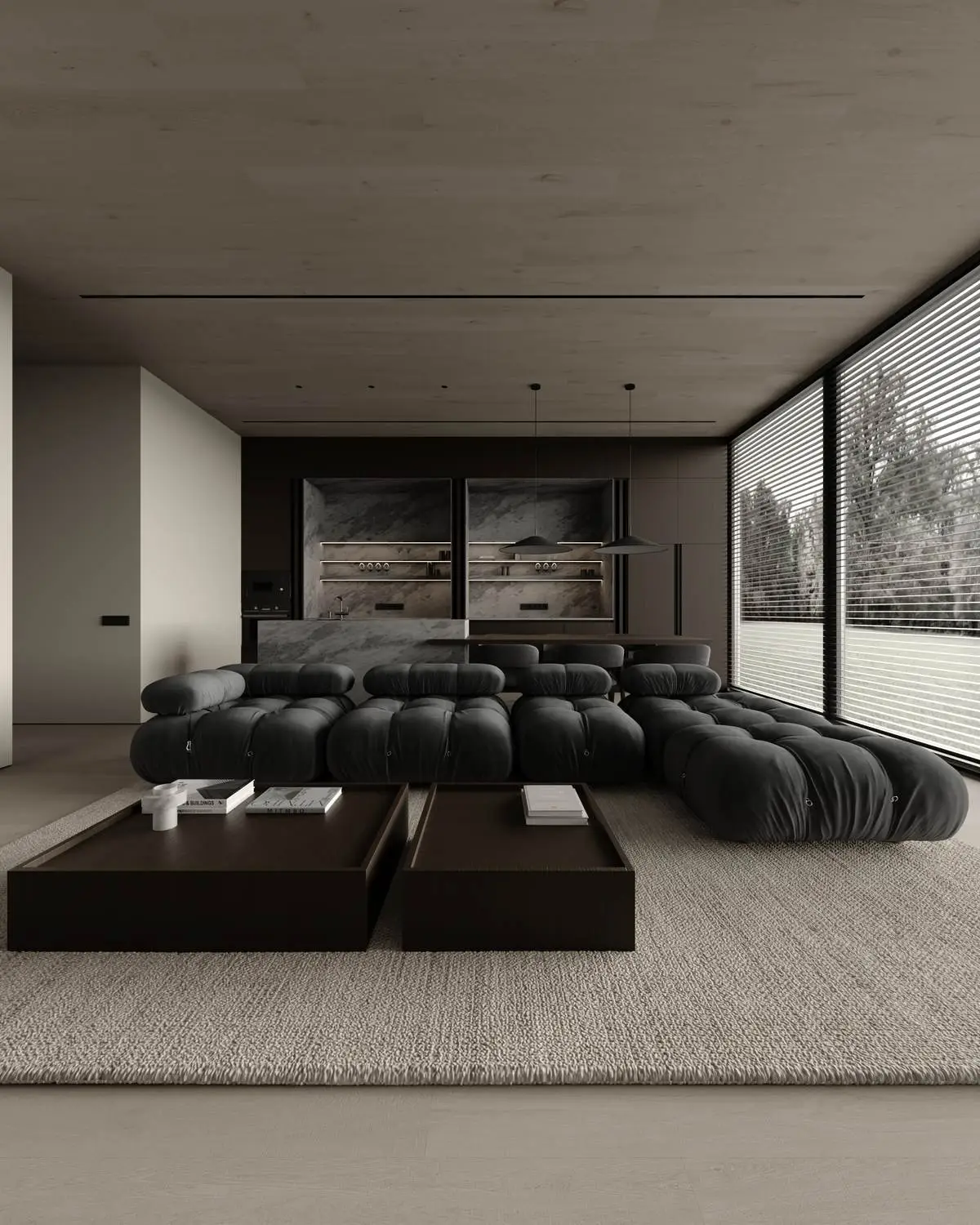 Living room in dark tones with panoramic glazing