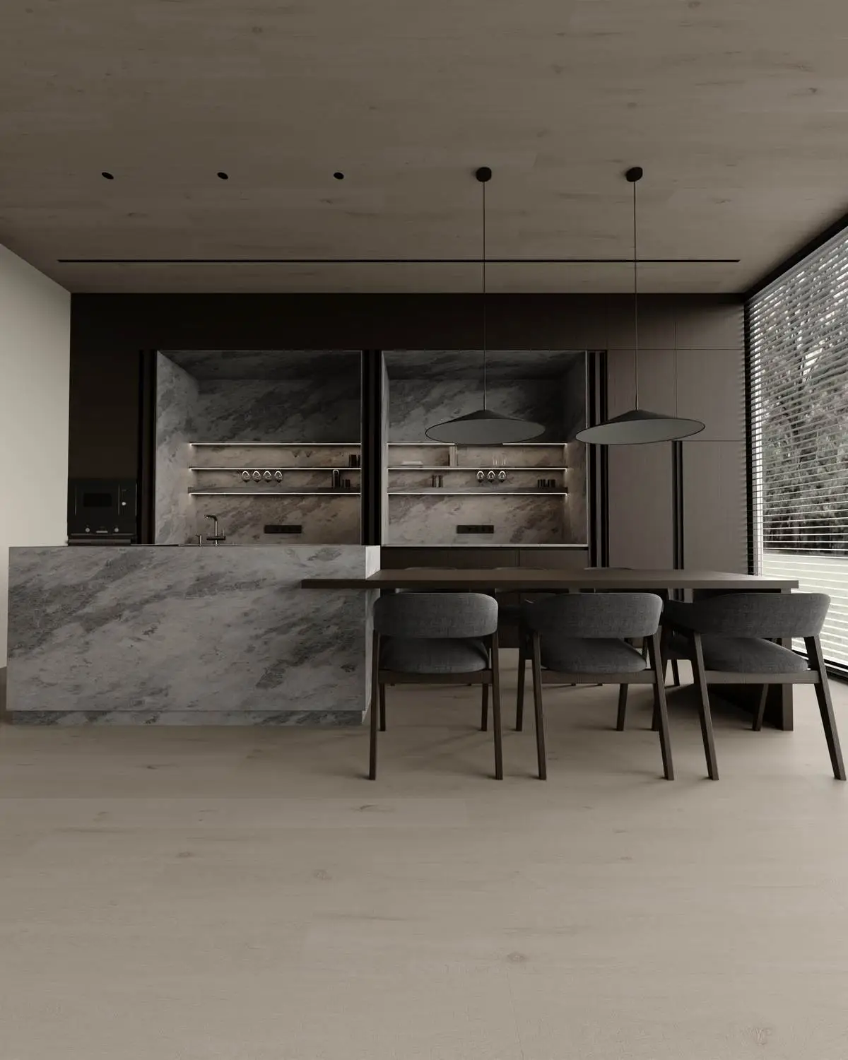 Natural stone kitchen island and dining area