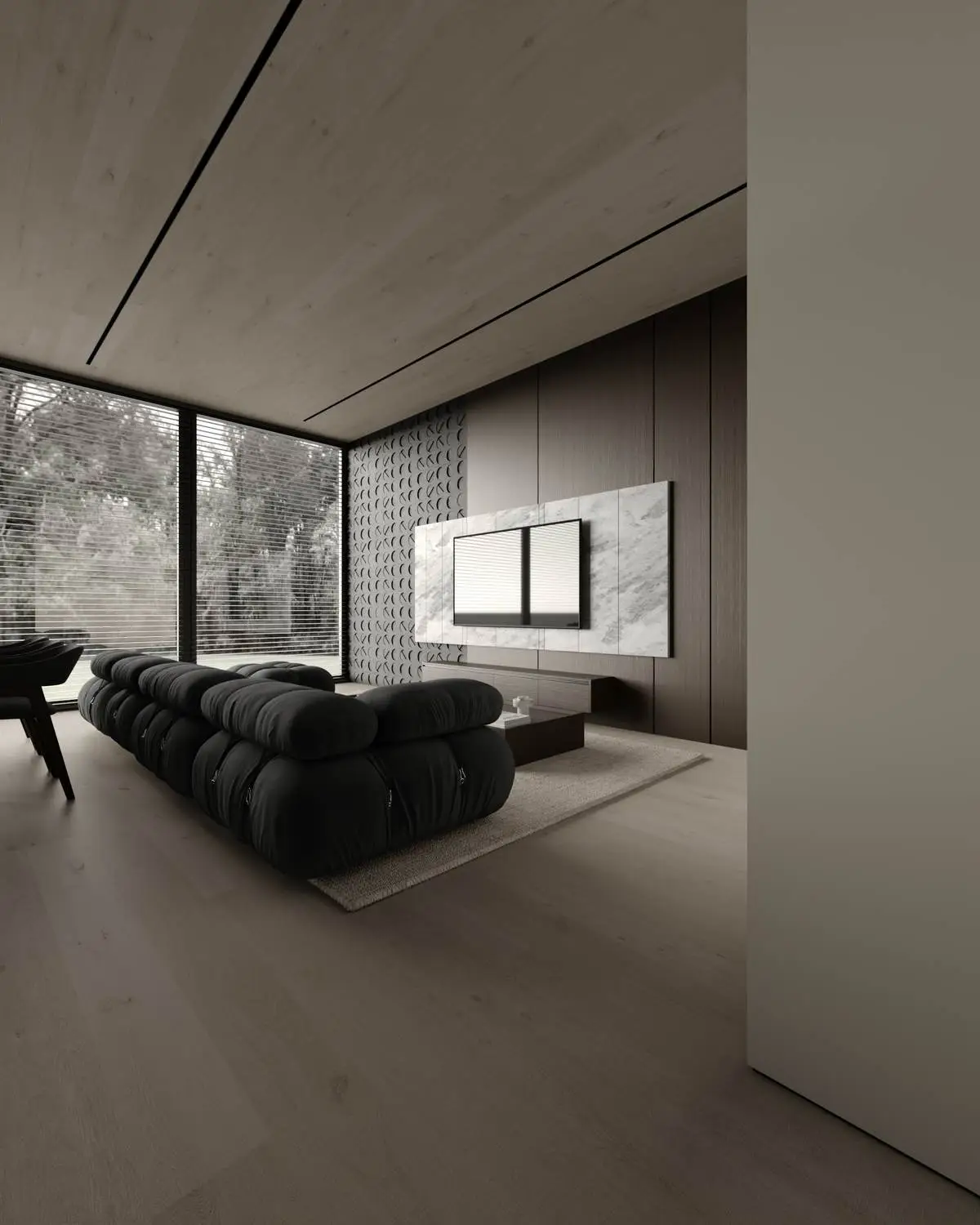 Diagonal view of the living room with the TV area