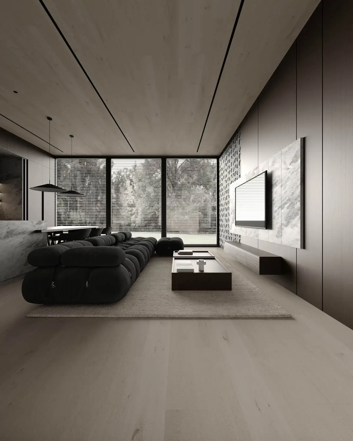 Sofa and TV wall, view from the window