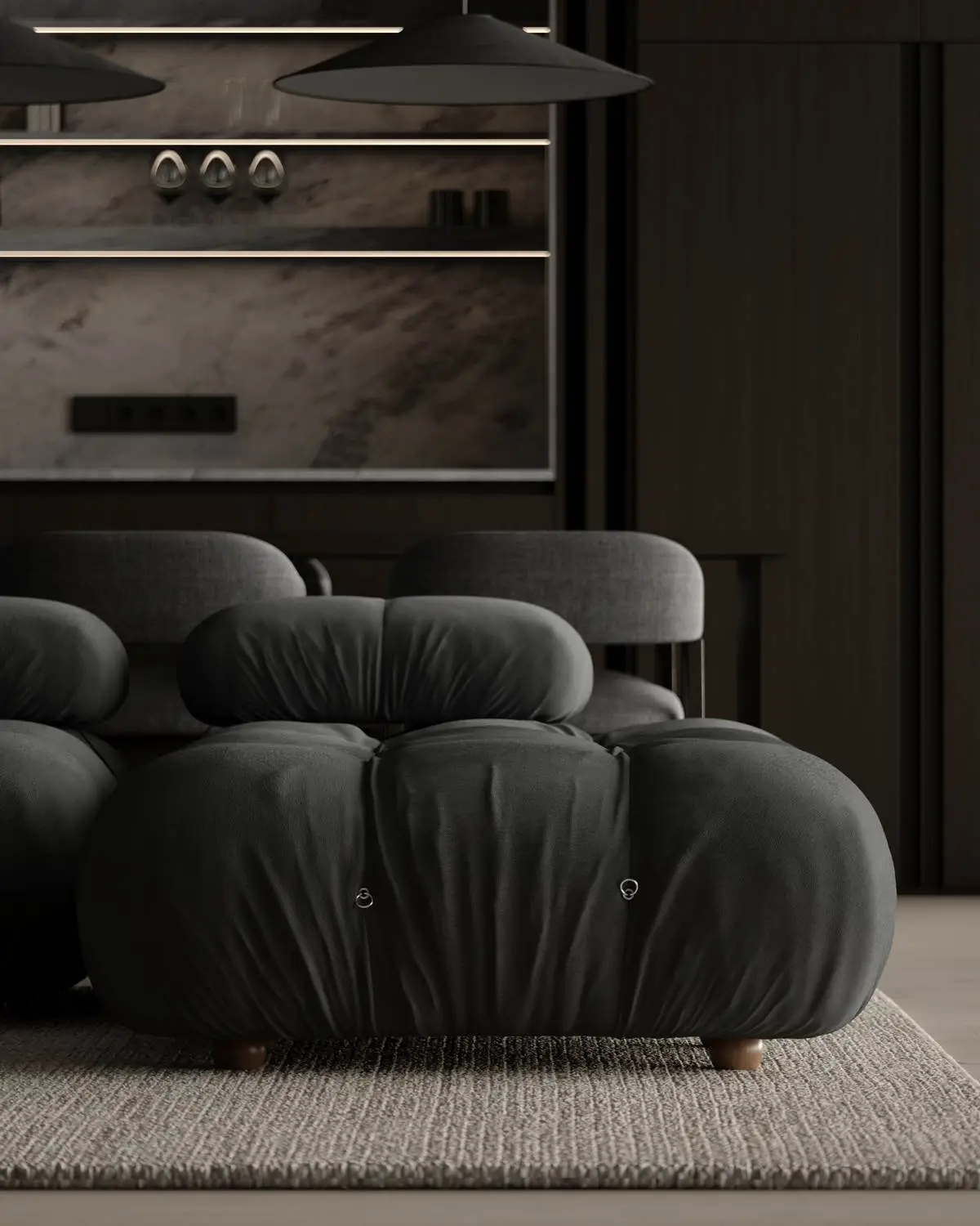 Close-up of the sofa: fabric texture and wooden legs