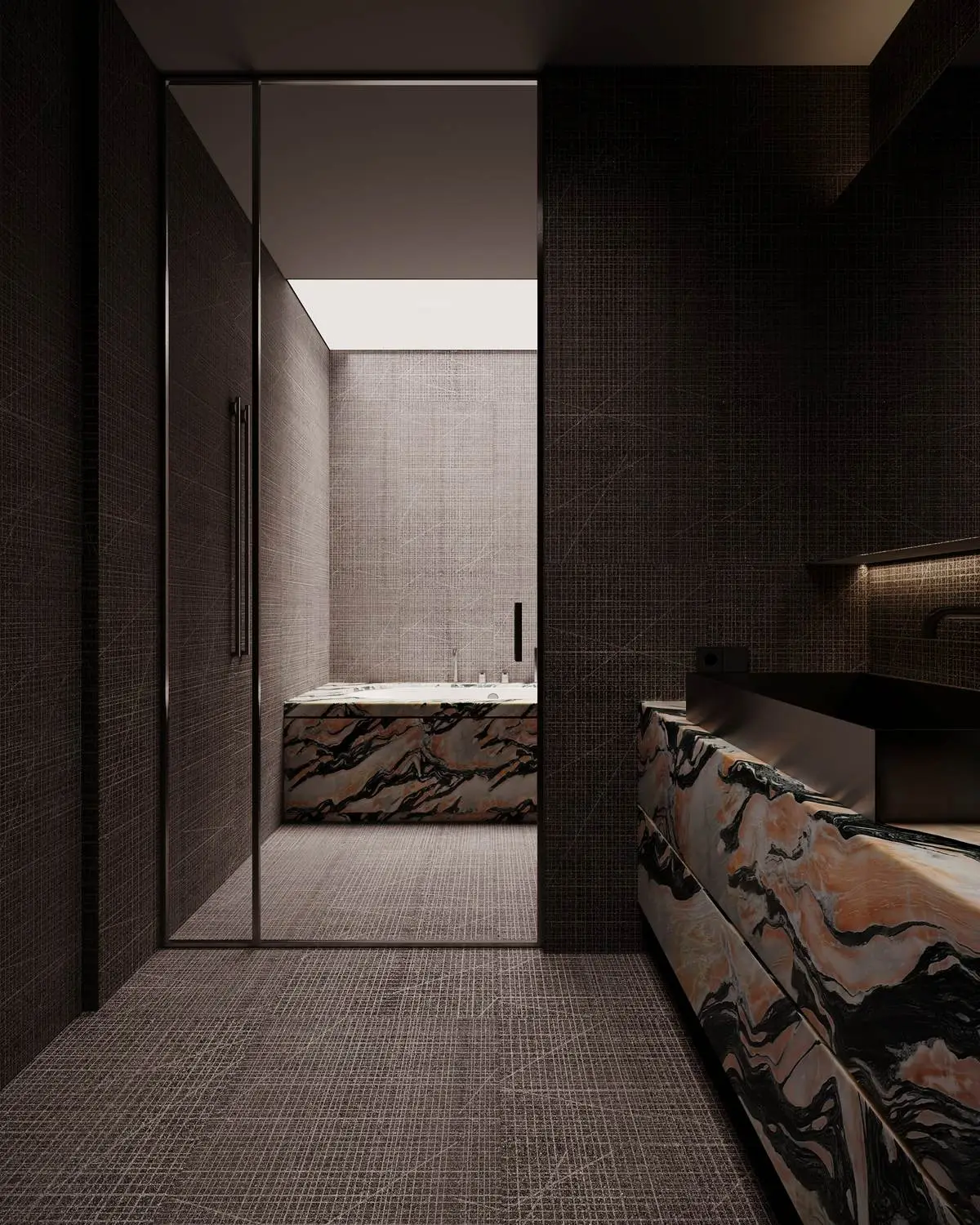 Bathroom: dark tile and hidden lighting