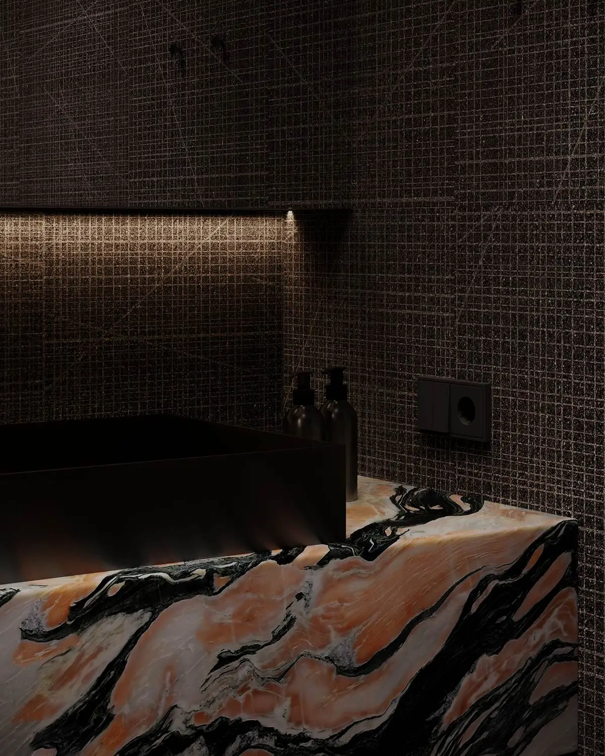 Close-up of the stone countertop and bottles
