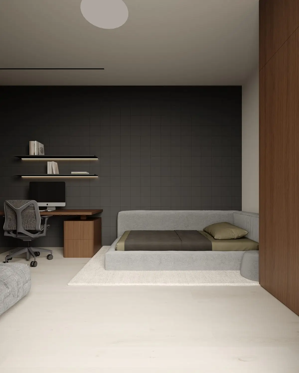 Low upholstered bed platform and workspace