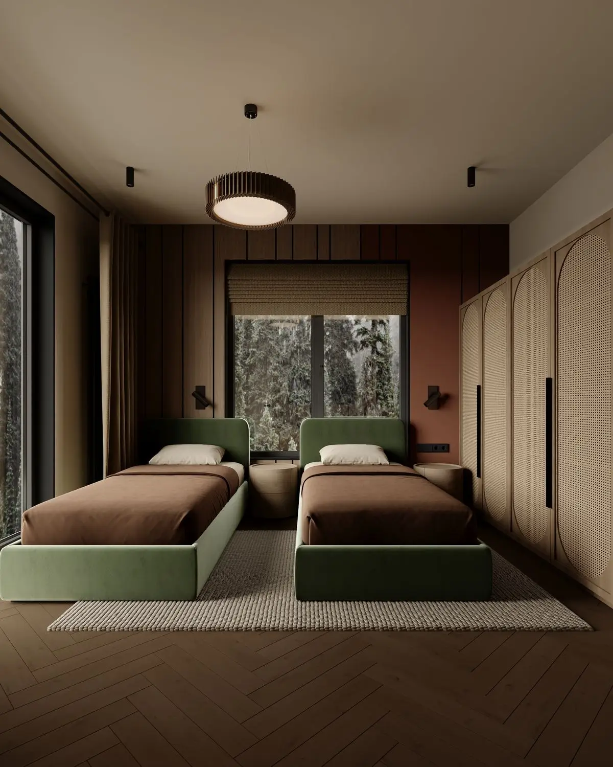 Twin room: green velvet, rattan wardrobes, and a forest view