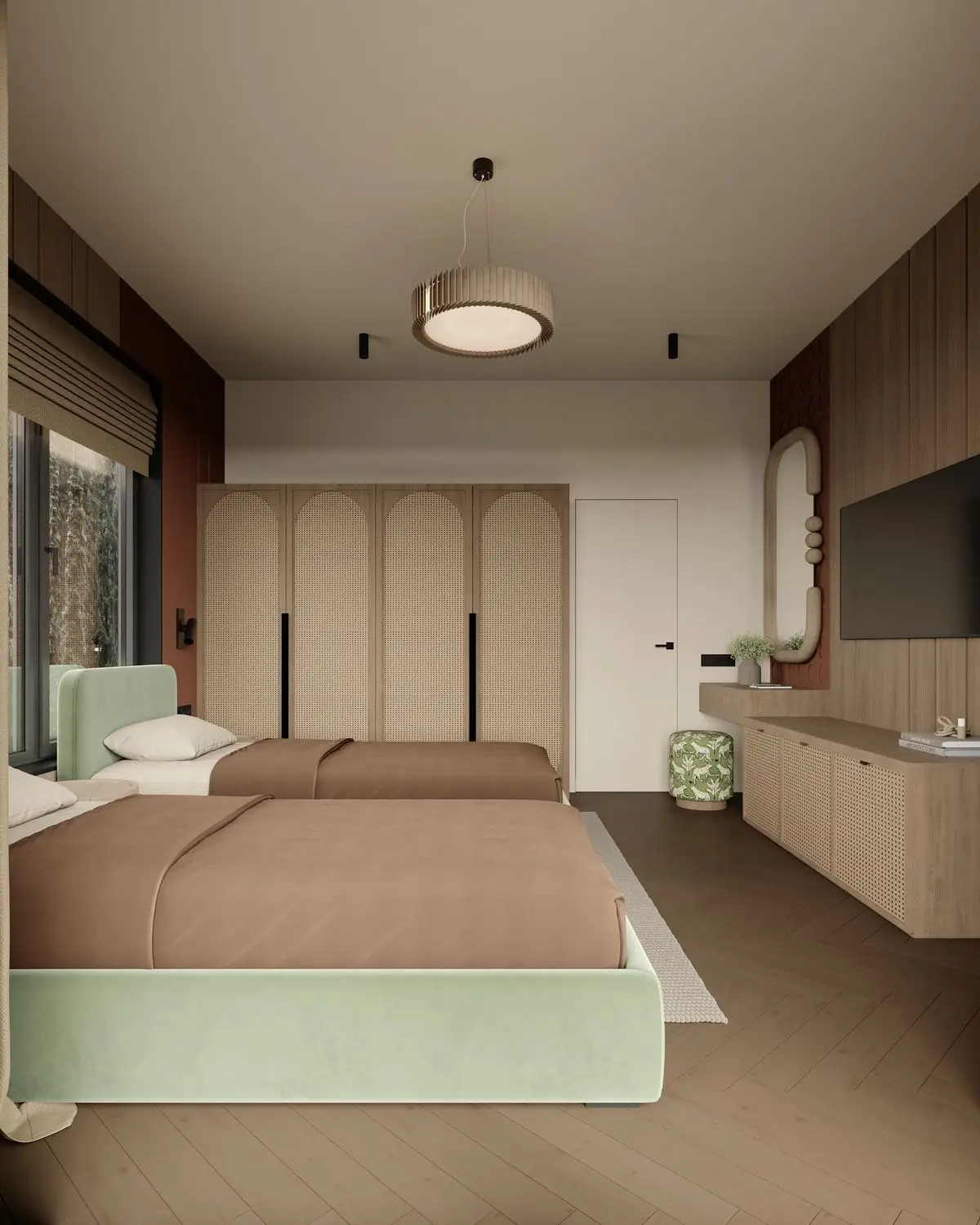 Twin room: wardrobe with arched fronts and a workspace