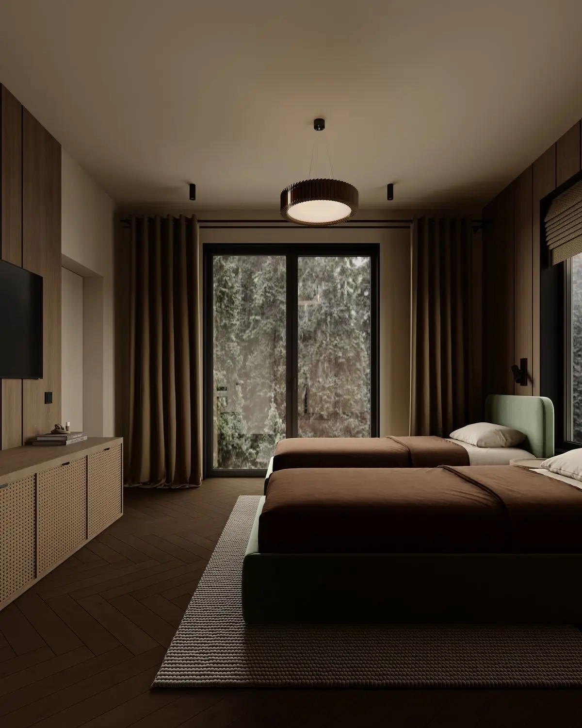 Twin room: balcony access, curtains, and a rattan cabinet