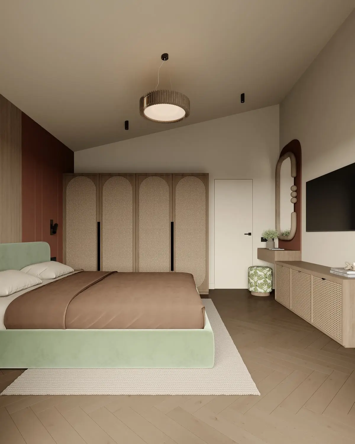 Room: arched rattan wardrobes and a mirror area