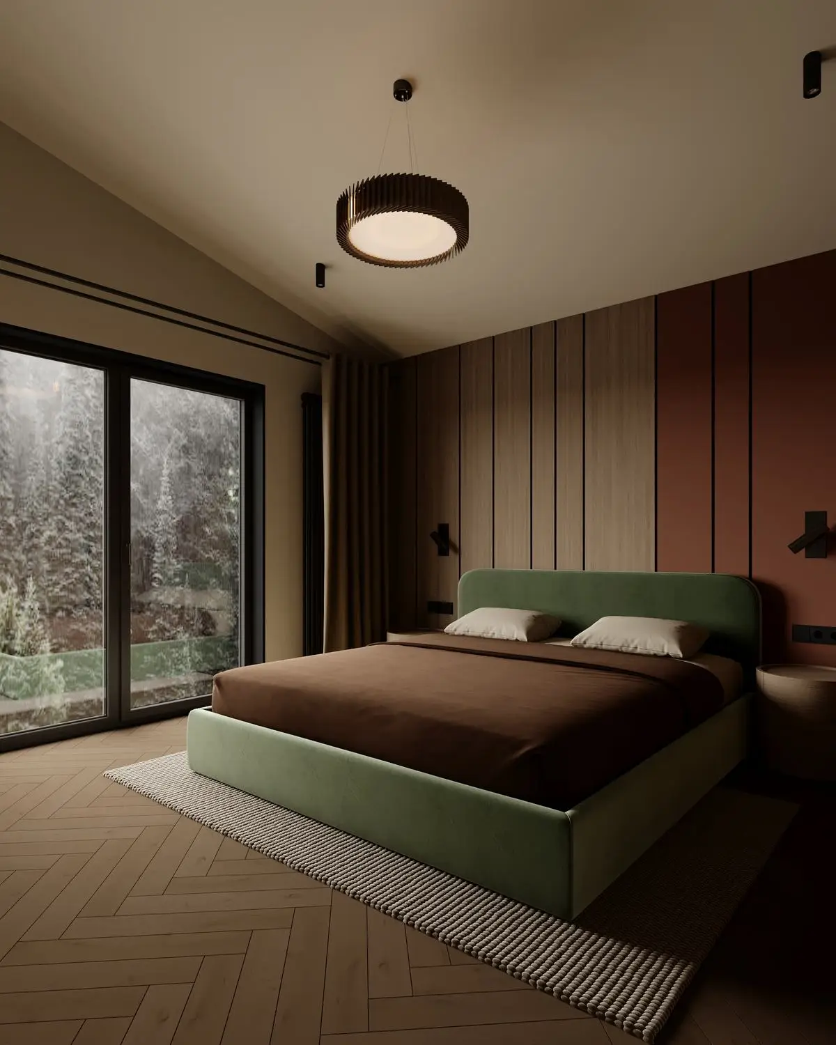 Bed by the panoramic window beneath the sloped ceiling
