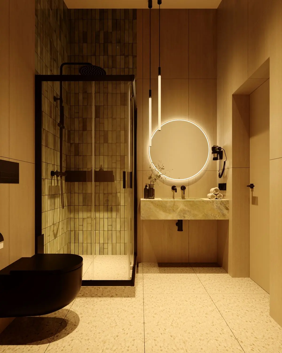 Bathroom: round backlit mirror and a stone sink
