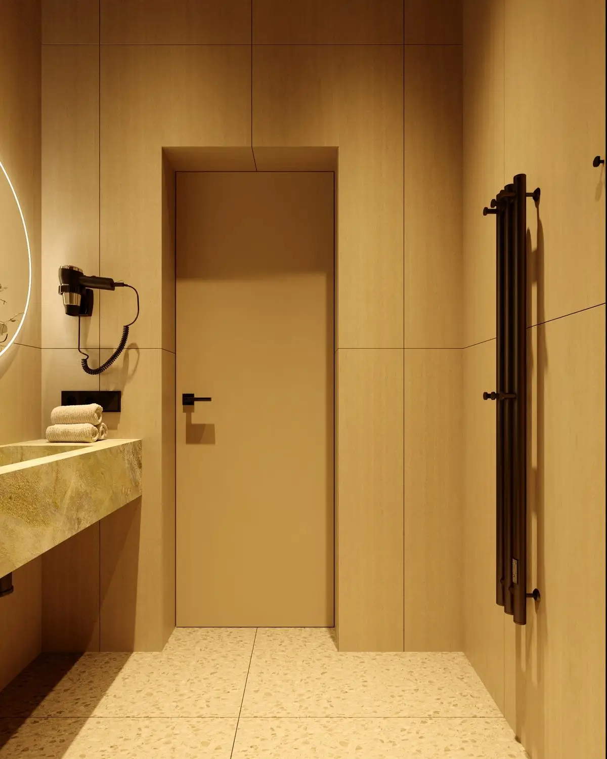 Bathroom door, heated towel rail, and terrazzo flooring