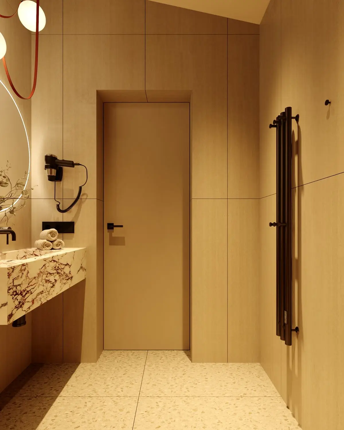 Bathroom: door, burgundy-veined marble, and heated towel rail