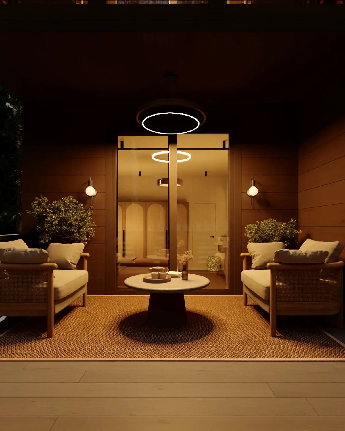The same terrace in evening light: a ring light and warm lighting