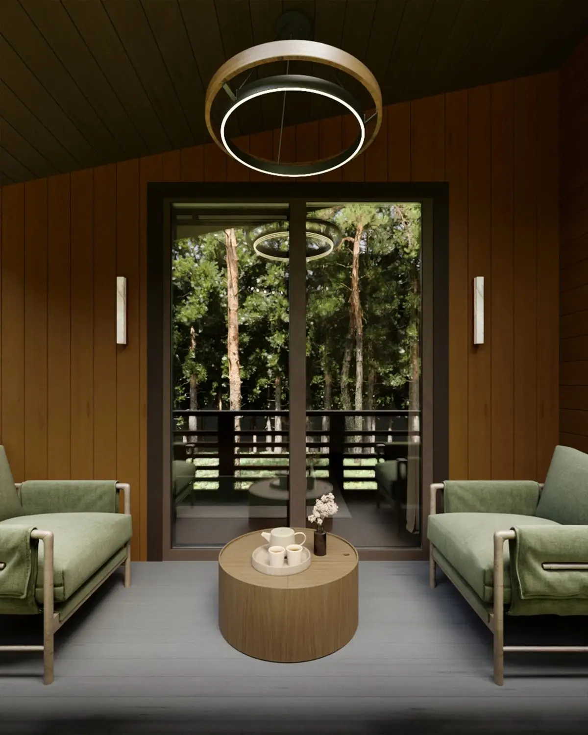 Terrace with green armchairs: sliding doors open onto the interior