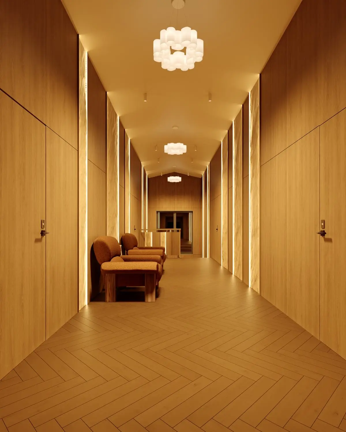 Corridor with a sloped ceiling leading to the stairwell lobby